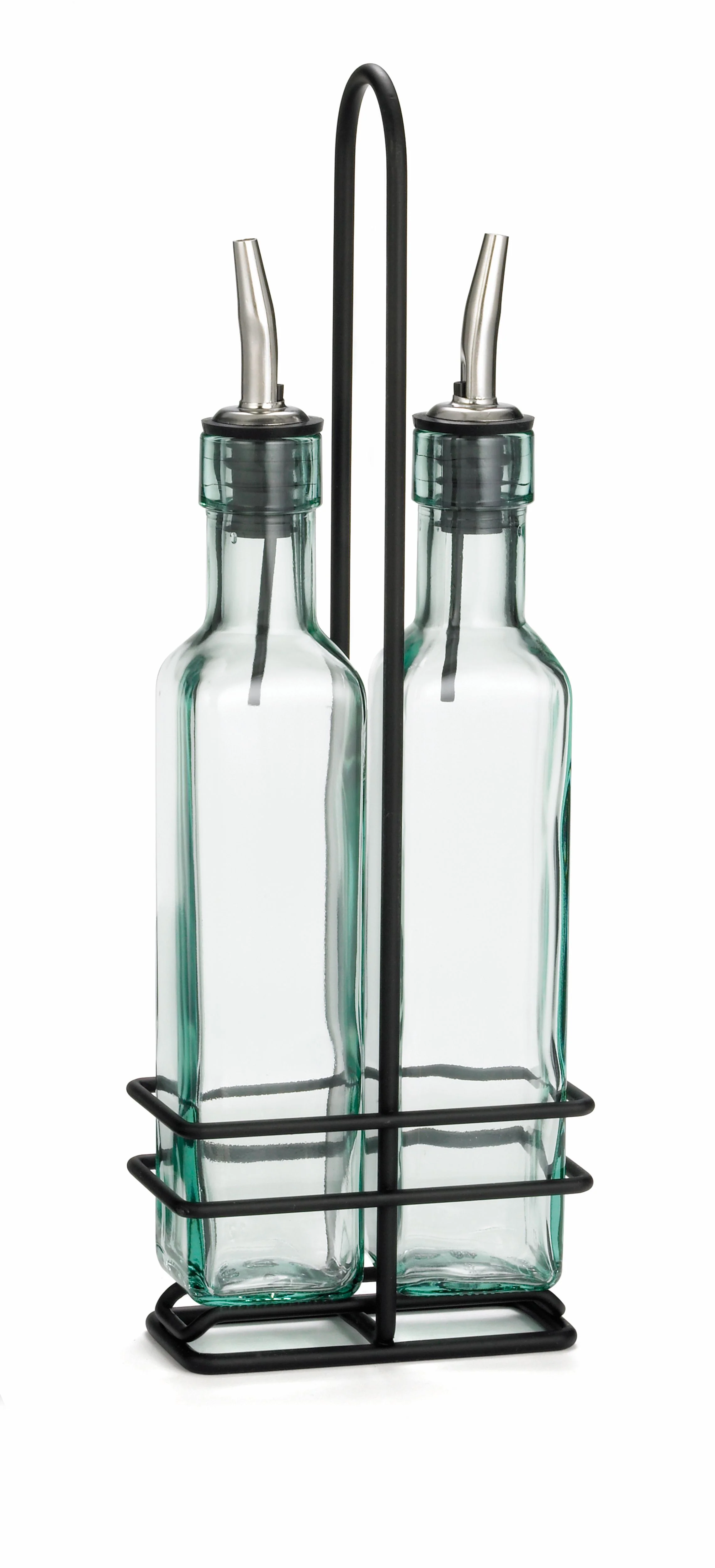 Tablecraft H9085N 8-1/2 Oz Oil and Vinegar Cruet Set Glass Bottles with Rack 2 Packs Tablecraft H9085N 8-1/2 Oz Oil and Vinegar Cruet Set Glass Bottles with Rack 2 Packs