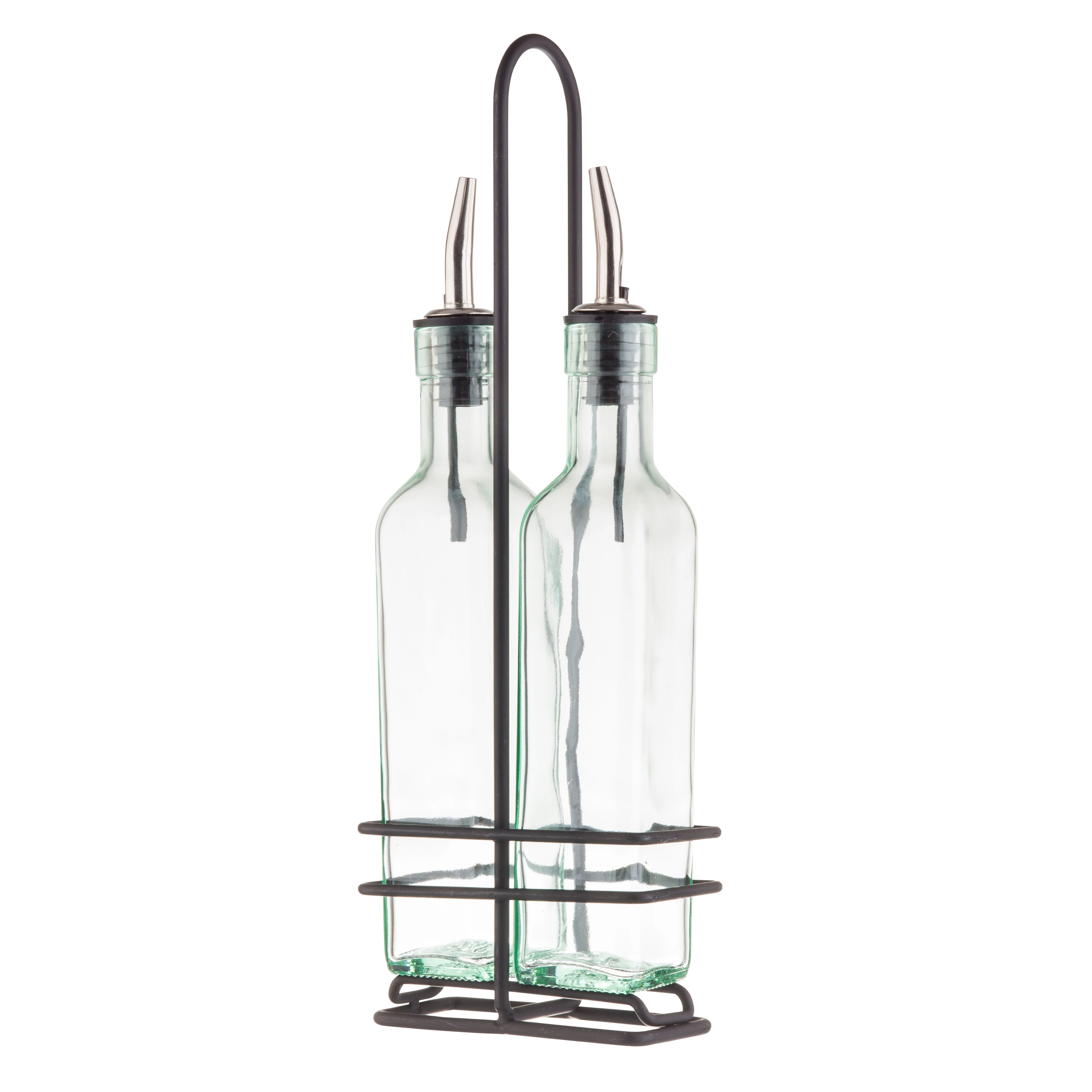 Tablecraft H9085N 8-1/2 Oz Oil and Vinegar Cruet Set Glass Bottles with Rack 2 Packs Tablecraft H9085N 8-1/2 Oz Oil and Vinegar Cruet Set Glass Bottles with Rack 2 Packs