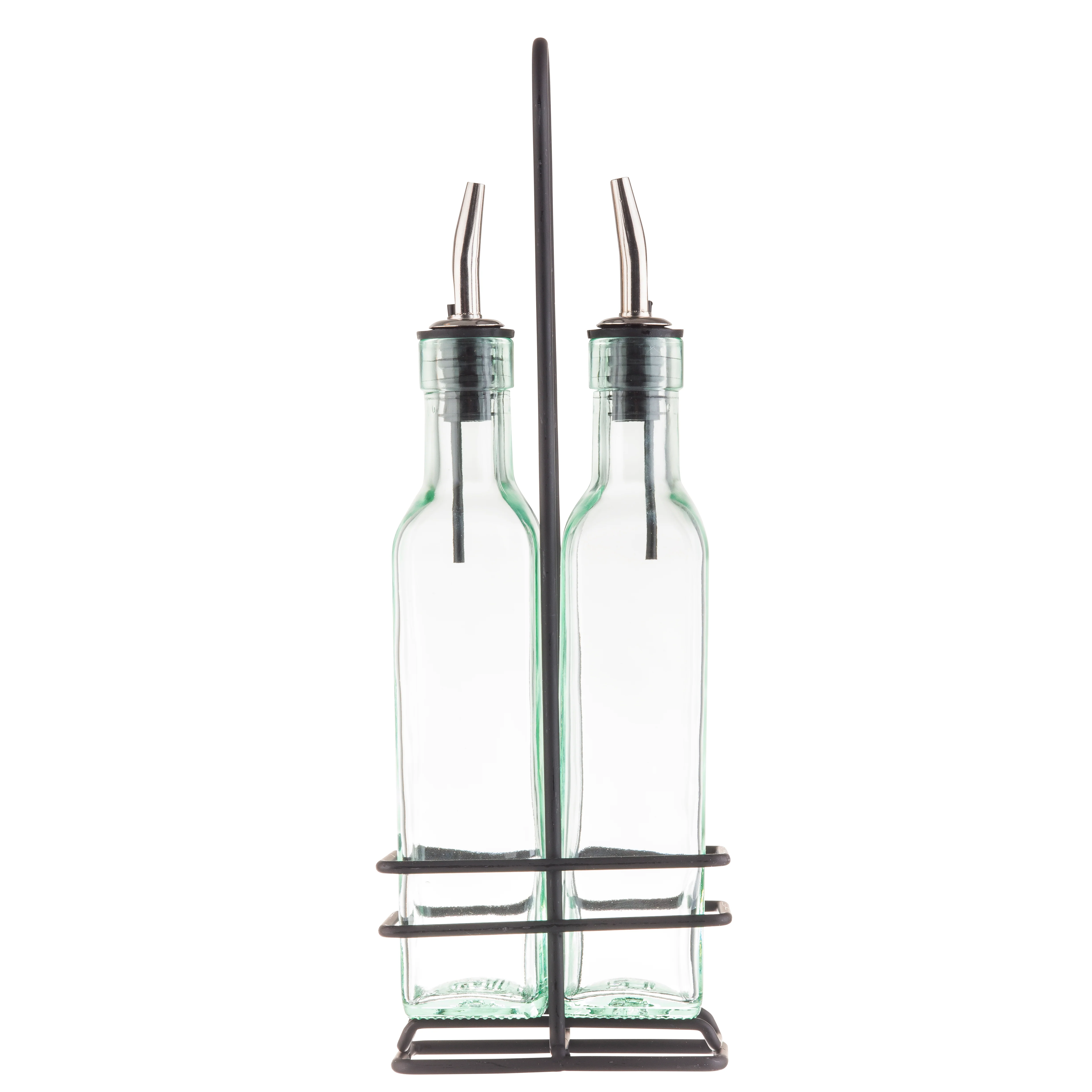 Tablecraft H9085N 8-1/2 Oz Oil and Vinegar Cruet Set Glass Bottles with Rack 2 Packs Tablecraft H9085N 8-1/2 Oz Oil and Vinegar Cruet Set Glass Bottles with Rack 2 Packs