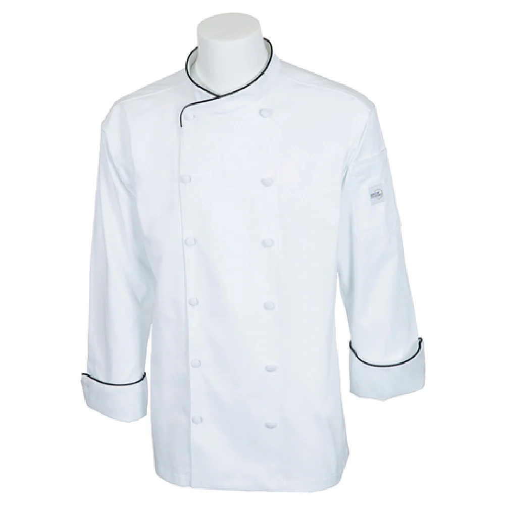 Mercer Culinary M62020WB1X Chef's Coat XLarge Scoop Neck Cloth Covered Buttons White and Black
