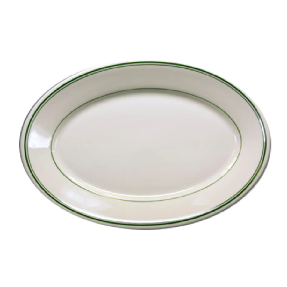 Steelite HL1571 13 Inch Oval Platter Rolled Edge Green Band Commercial China Steelite HL1571 13 Inch Oval Platter Rolled Edge Green Band Commercial China