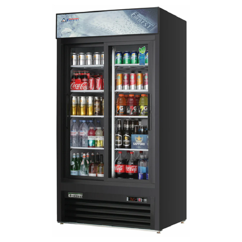 Everest Refrigeration EMGR33B 39 Inch Reach-In Glass Door Merchandiser Refrigerator Black Coated Steel with Dual Sliding Doors Everest Refrigeration EMGR33B 39 Inch Reach-In Glass Door Merchandiser Refrigerator Black Coated Steel with Dual Sliding Doors