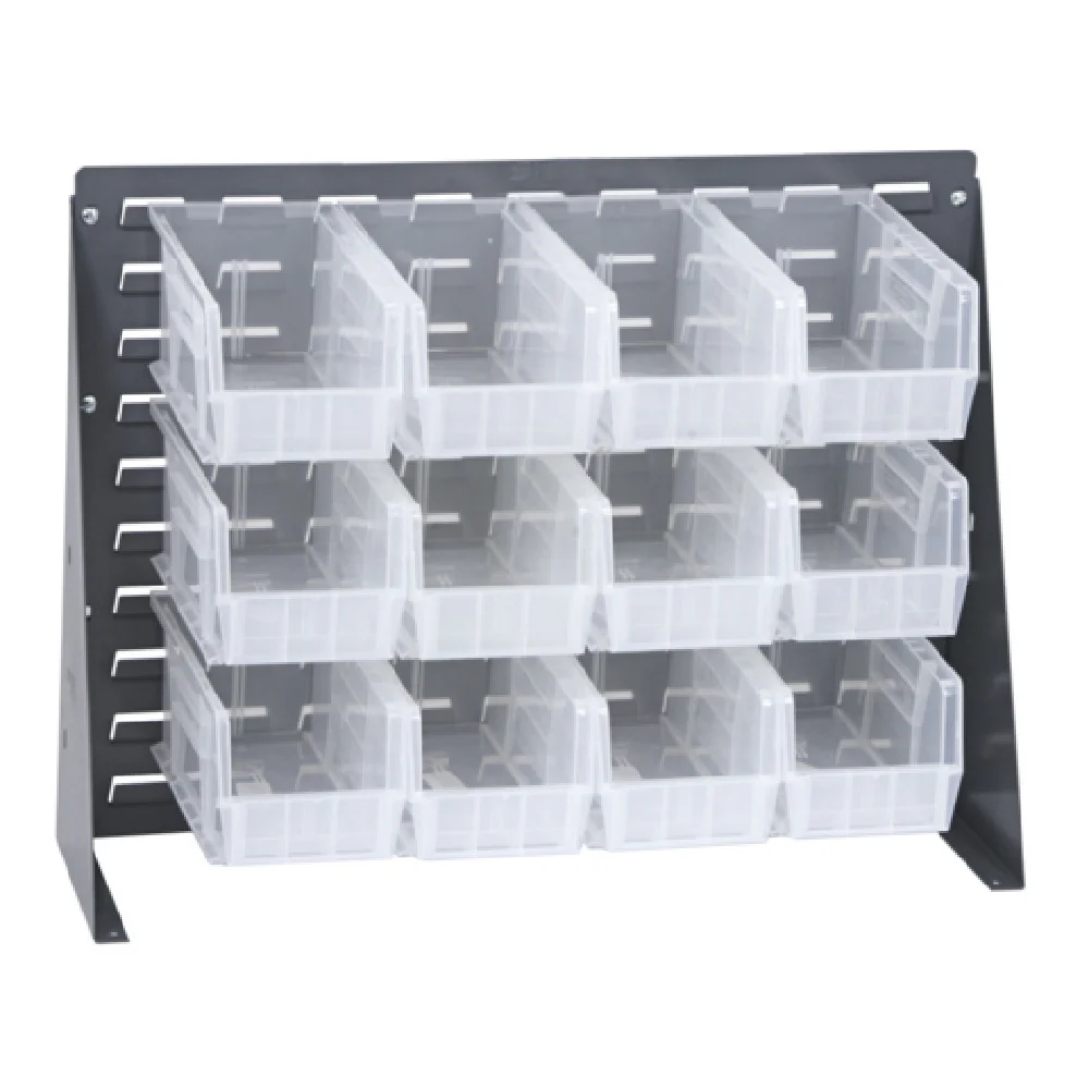 Quantum QBR-2721-230-12CL 27-3/4 Inch Louvered Bench Rack with 12 Clear Bins Steel Gray Enamel Quantum QBR-2721-230-12CL 27-3/4 Inch Louvered Bench Rack with 12 Clear Bins Steel Gray Enamel