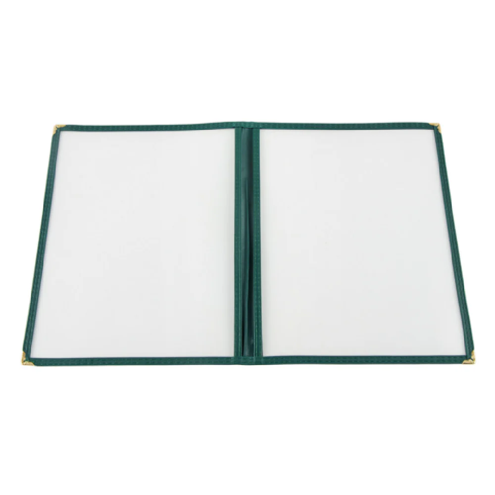 CAC China MCP2-911GN 8-1/2 Inch Menu Cover Vinyl with Brass Corners Green Trim 100 Packs CAC China MCP2-911GN 8-1/2 Inch Menu Cover Vinyl with Brass Corners Green Trim 100 Packs