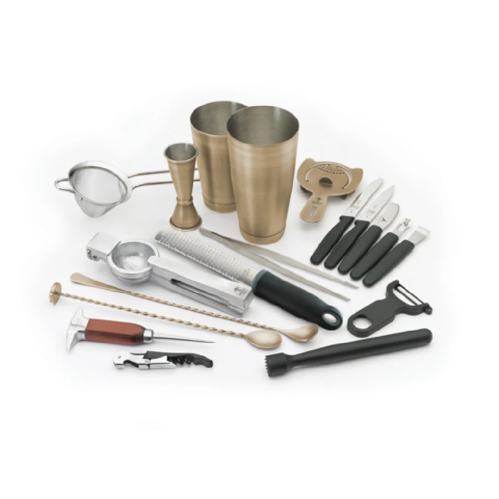 Mercer Culinary M37102ANG Cocktail Shaker Set 18-piece Antique Gold Finish Mercer Culinary M37102ANG Cocktail Shaker Set 18-piece Antique Gold Finish
