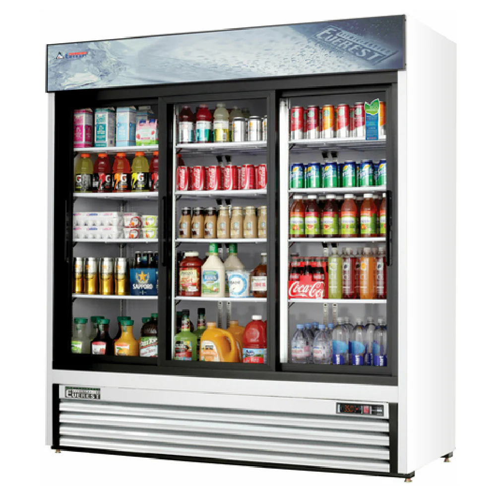Everest Refrigeration EMGR69 72 Inch Reach-In Glass Door Merchandiser Refrigerator with Three Sections White Coated Steel Everest Refrigeration EMGR69 72 Inch Reach-In Glass Door Merchandiser Refrigerator with Three Sections White Coated Steel