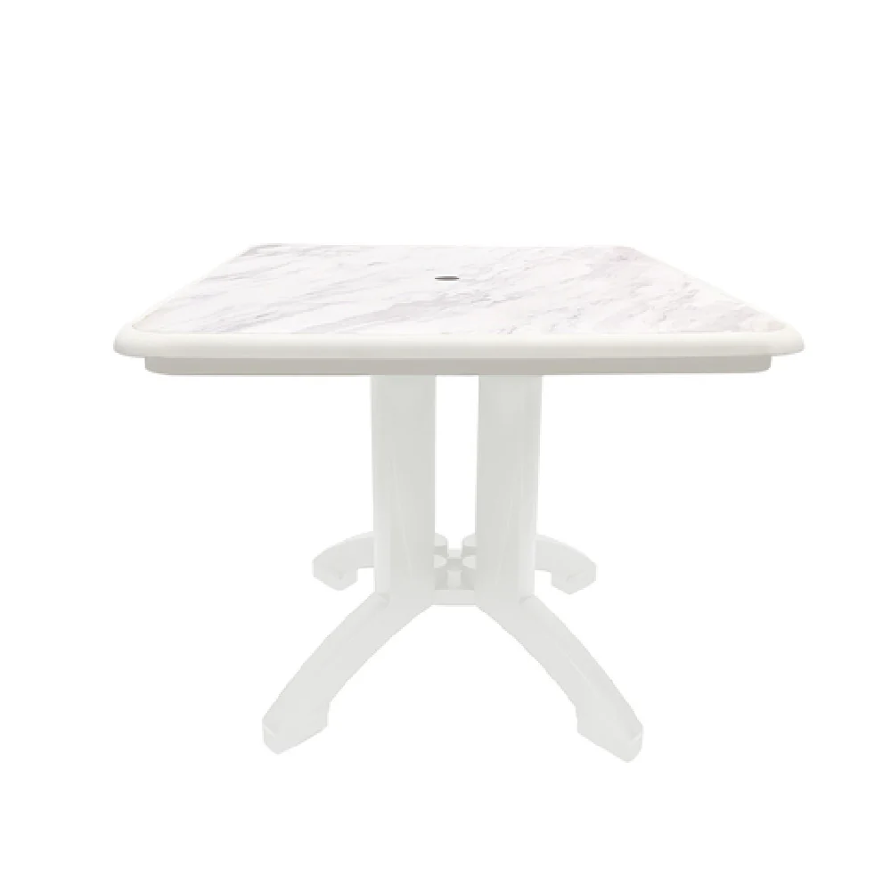 Grosfillex US744004 32 Inch Square Outdoor Table White Marble Resin with Umbrella Hole