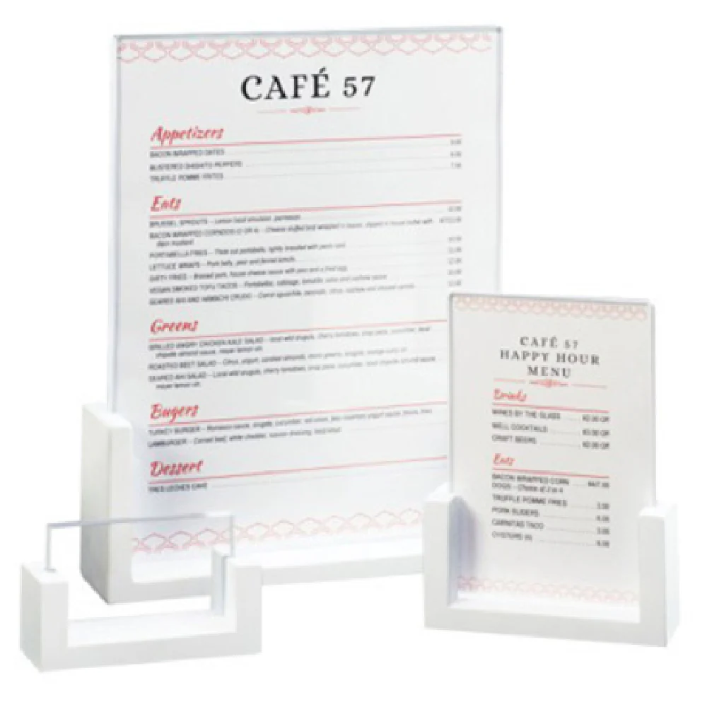 Cal Mil 1510-46-15 4 Inch Menu/Card Holder U-frame BPA Free Acrylic White Base Cal Mil 1510-46-15 4 Inch Menu/Card Holder U-frame BPA Free Acrylic White Base
