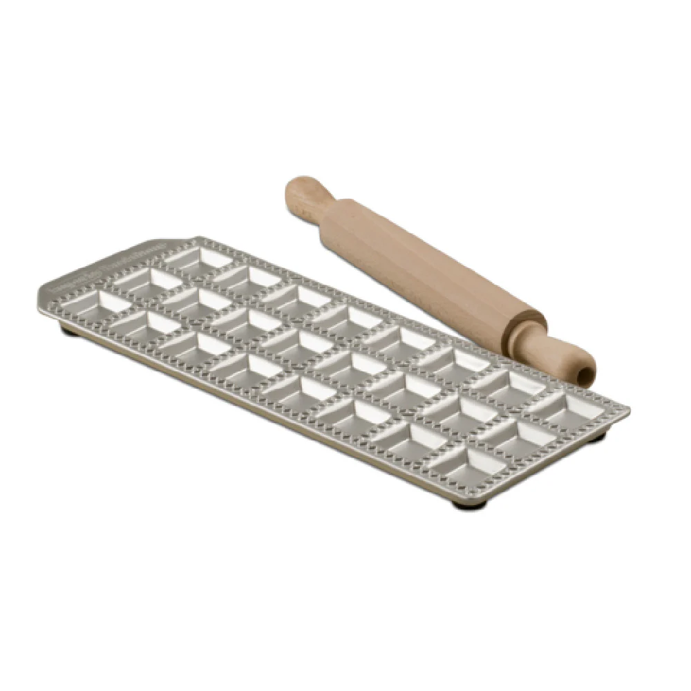 JB Prince U953 11-1/4 Inch Ravioli Mold 24 Cavities with Wooden Rolling Pin Aluminum JB Prince U953 11-1/4 Inch Ravioli Mold 24 Cavities with Wooden Rolling Pin Aluminum