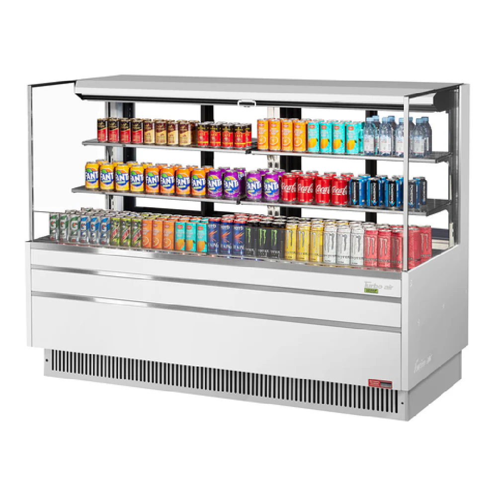 Turbo Air TOM-72L-UFD-B-3S-N 70 Inch Open Refrigerated Display 23.4 cu ft Stainless Steel with 2 Tiers Turbo Air TOM-72L-UFD-B-3S-N 70 Inch Open Refrigerated Display 23.4 cu ft Stainless Steel with 2 Tiers