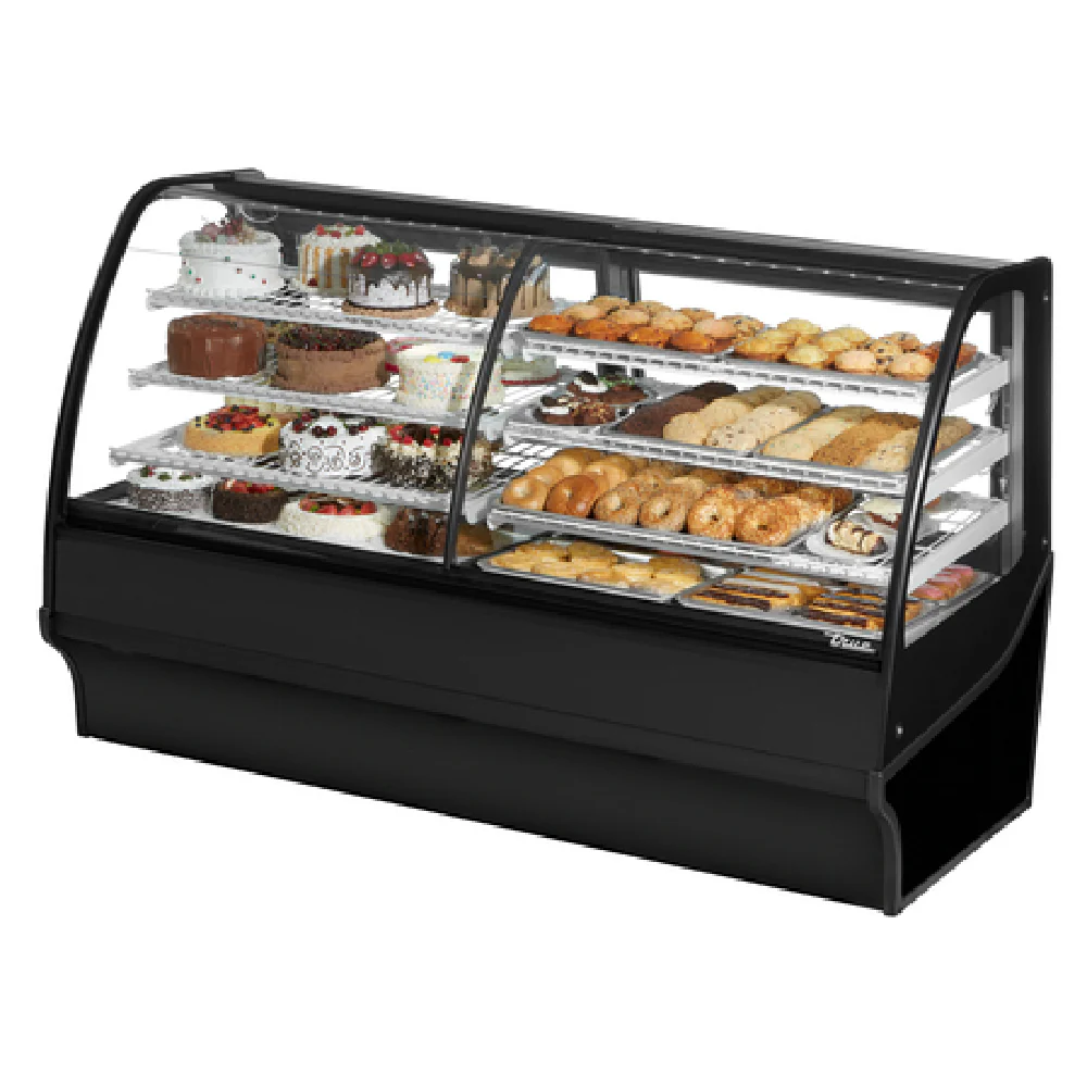 True Refrigeration TDM-DZ-77-GE/GE-B-W 77 Inch Display Merchandiser Electric Dual Zone with Rear Sliding Glass Doors