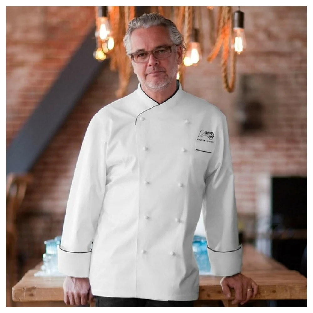 Chef Works ECCBWHT48 Size 48 Monte Carlo Chef Coat Cotton White Black Piping