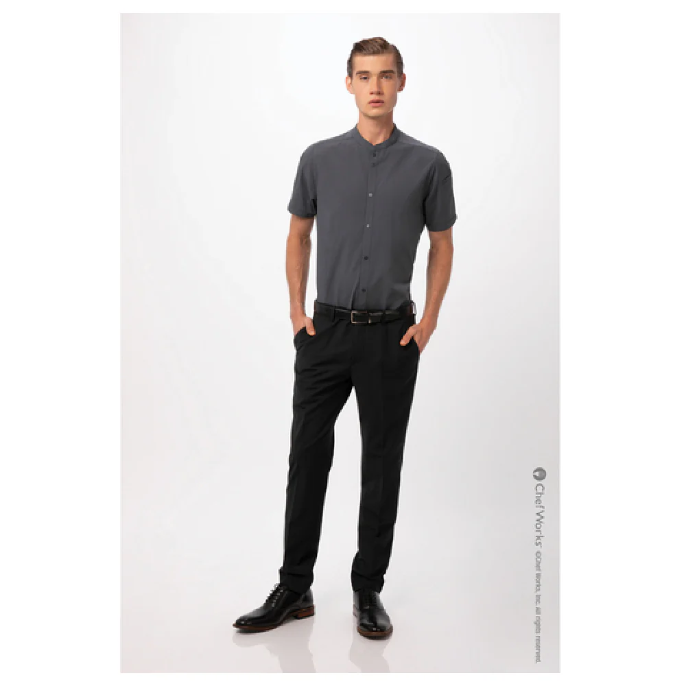 Chef Works SHC08CHRM Men's Seersucker Cook's Shirt Short Sleeve Snap Closure Charcoal Poly Cotton