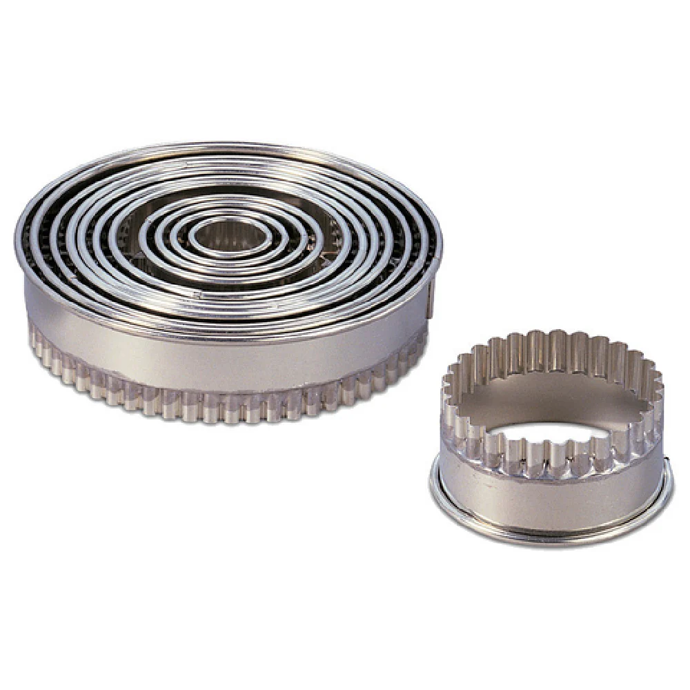 JB Prince T233 12 Pastry Cutter Set Fluted Round Tinned Steel - Cut Size 8/9 to 5-3/4 Inch JB Prince T233 12 Pastry Cutter Set Fluted Round Tinned Steel - Cut Size 8/9 to 5-3/4 Inch