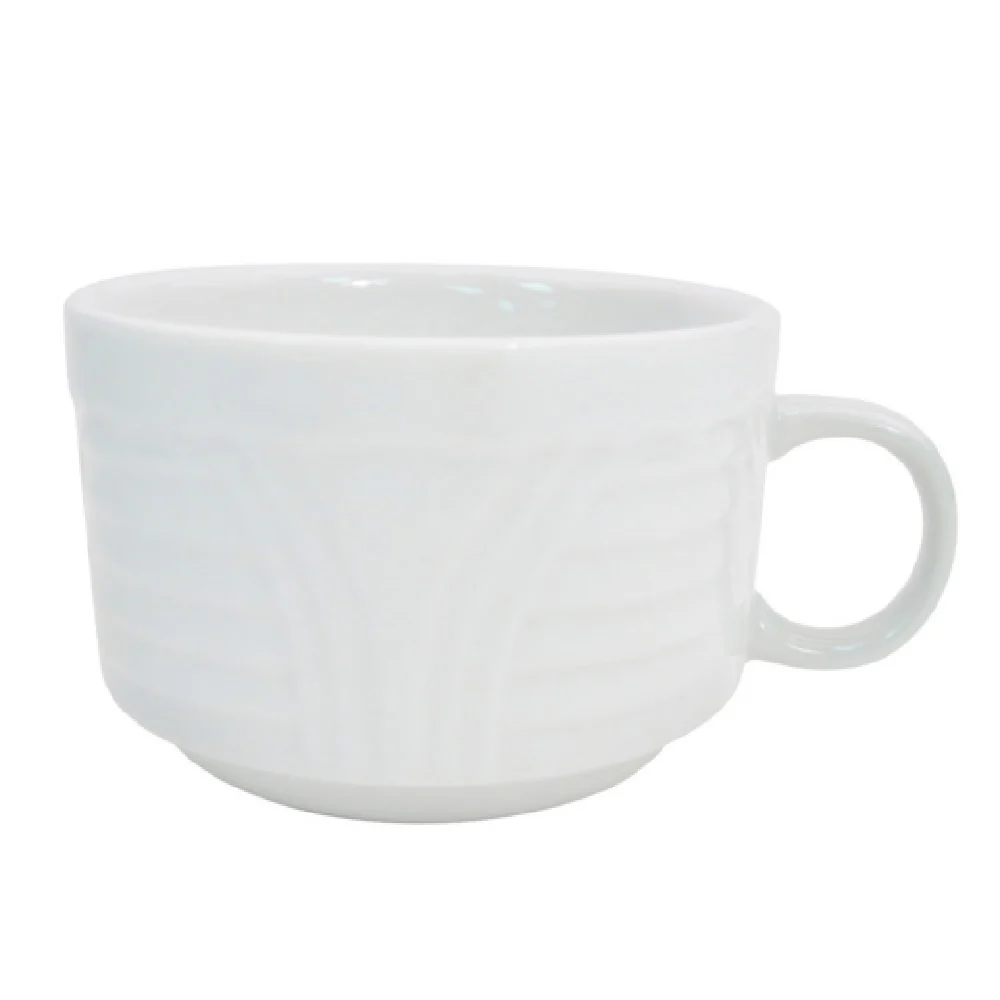 CAC China CRO-1-S 8 Oz Round Stackable Embossed Coffee Cup Porcelain White