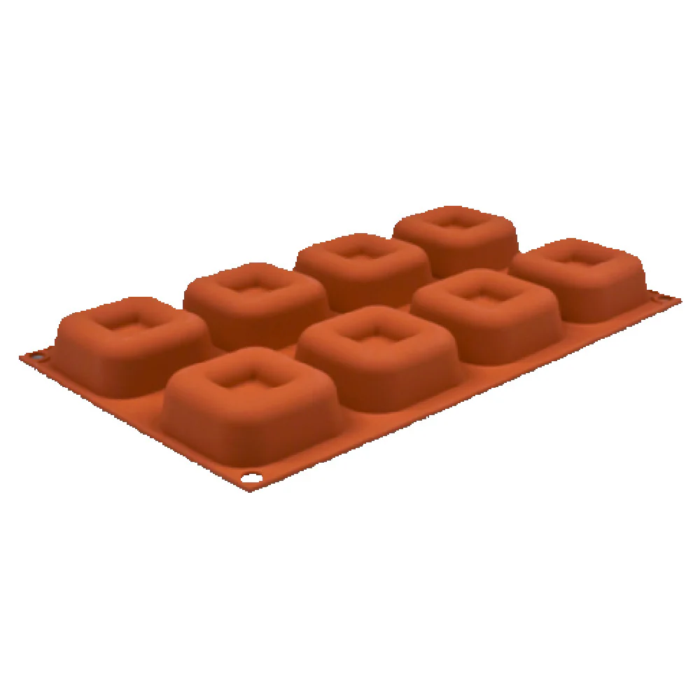 JB Prince M511 T 12 Inch Pavoni Mold with 8 Square Savarins Orange Silicone
