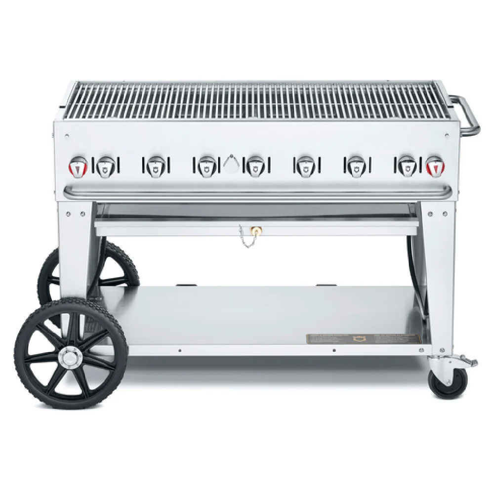 Crown Verity CV-MCB-48-SI50/100 56 Inch Mobile Outdoor Gas Charbroiler 7 Burners 304 Stainless Steel with Hose and Regulator Crown Verity CV-MCB-48-SI50/100 56 Inch Mobile Outdoor Gas Charbroiler 7 Burners 304 Stainless Steel with Hose and Regulator