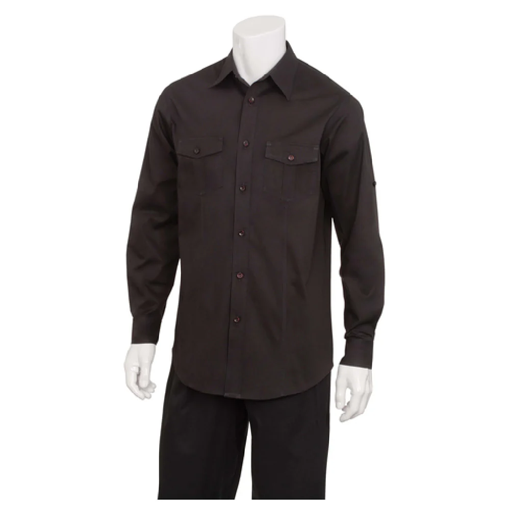 Chef Works DPDS-BLK-M Men's Pilot Shirt Roll-up Long Sleeve Buttoned Front Black
