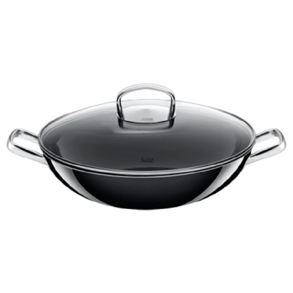 BauscherHepp 21.3726.7140 12-3/5 Inch Induction Wok Pan with Glass Lid Black Steel