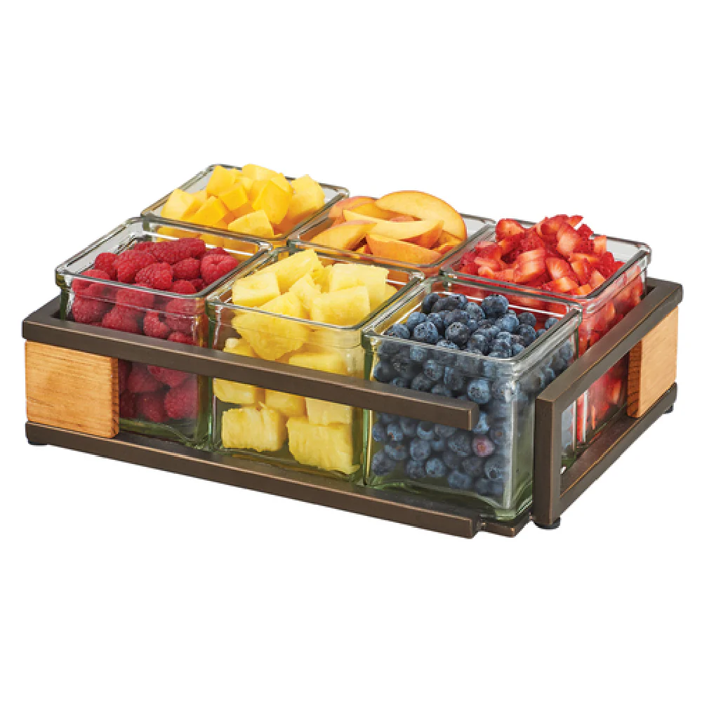 Cal Mil 3910-6-84 12-1/2 Inch Condiment Caddy with 6 Glass Jars Bronze Wood