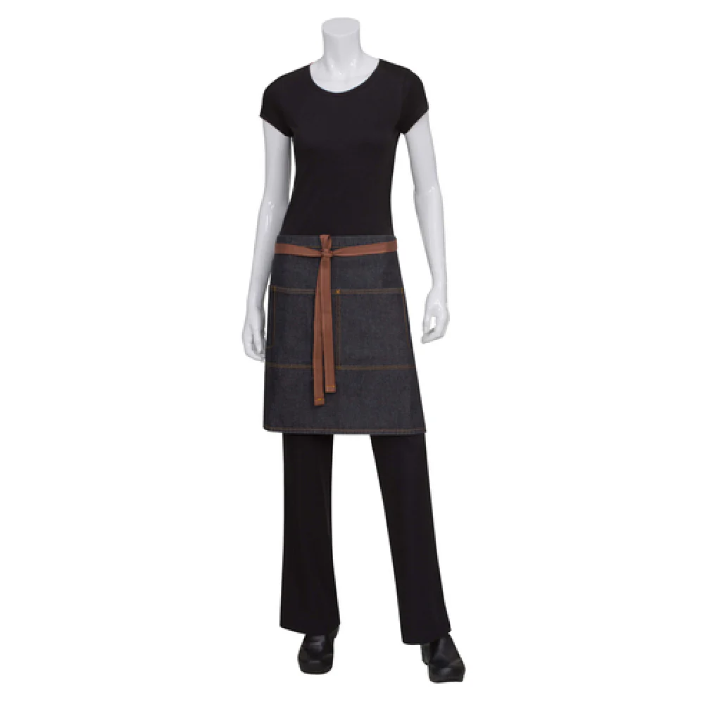 Chef Works AW048-BLK-0 28-1/2 Inch Black Half Length Waist Apron 100% Cotton Denim with Contrast Stitching
