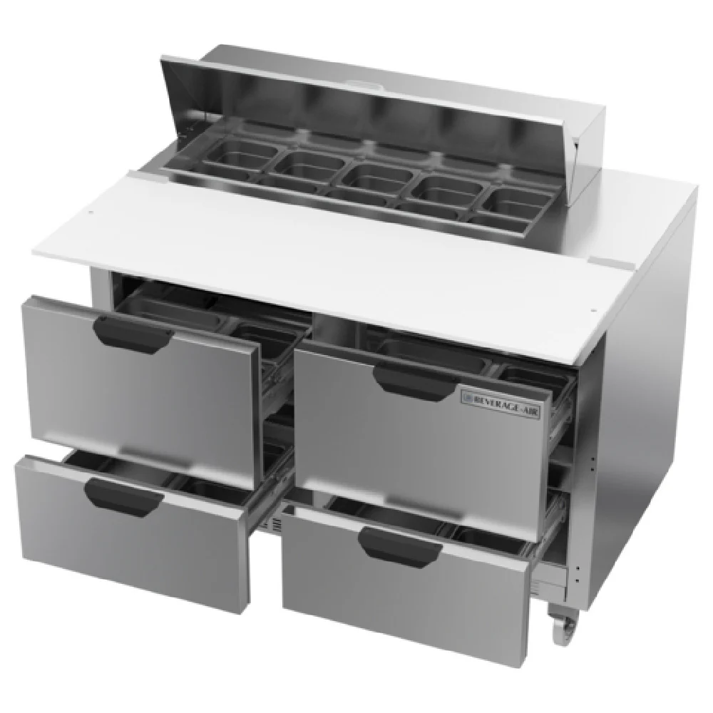 Beverage Air SPED48HC-10C-4 48 Inch Sandwich Top Refrigerated Counter 2 Section 13.01 cu ft with 4 Drawers Beverage Air SPED48HC-10C-4 48 Inch Sandwich Top Refrigerated Counter 2 Section 13.01 cu ft with 4 Drawers