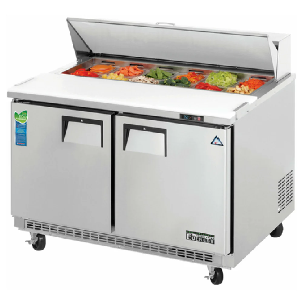 Everest Refrigeration EPBNR2 47 Inch Refrigerated Counter Sandwich Prep Table with Insulated Top Lid and Swivel Casters Everest Refrigeration EPBNR2 47 Inch Refrigerated Counter Sandwich Prep Table with Insulated Top Lid and Swivel Casters