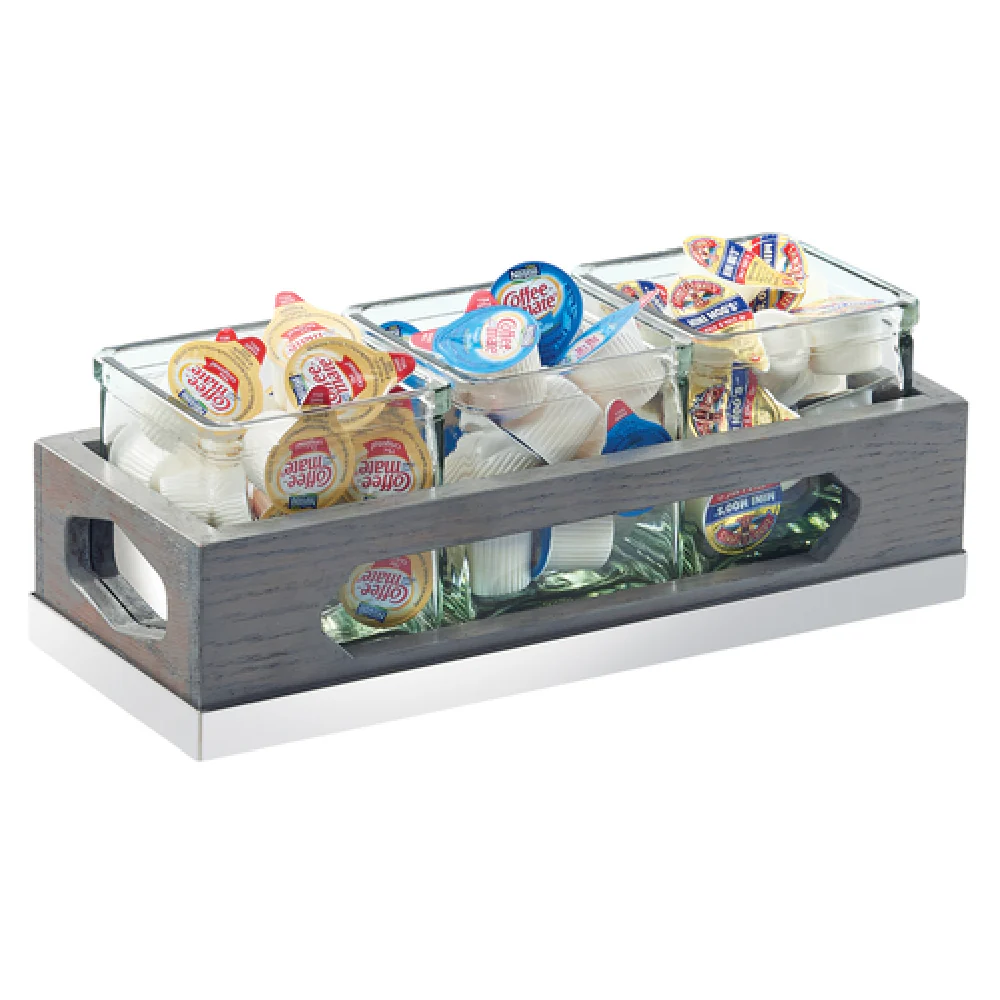 Cal Mil 3806-83 12-3/4 Inch Condiment Caddy with 3 Glass Jars Oak Wood Gray Wash