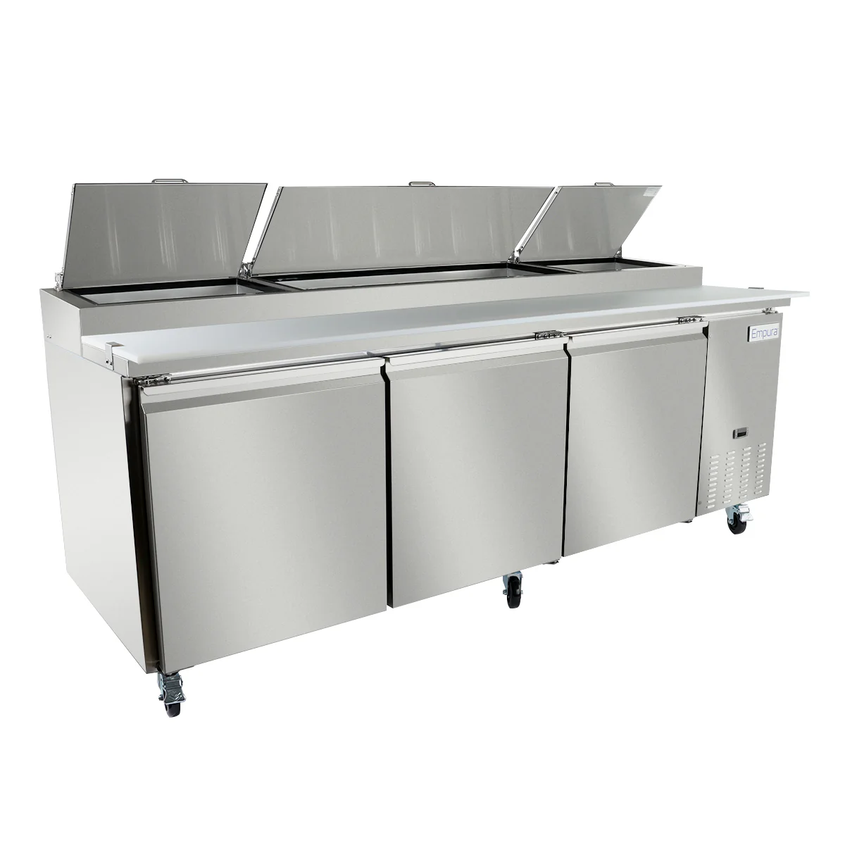 Empura E-KPP93 94.2 Inch Pizza Prep Table 22 Cu Ft Capacity 3 Section Stainless Steel Empura E-KPP93 94.2 Inch Pizza Prep Table 22 Cu Ft Capacity 3 Section Stainless Steel