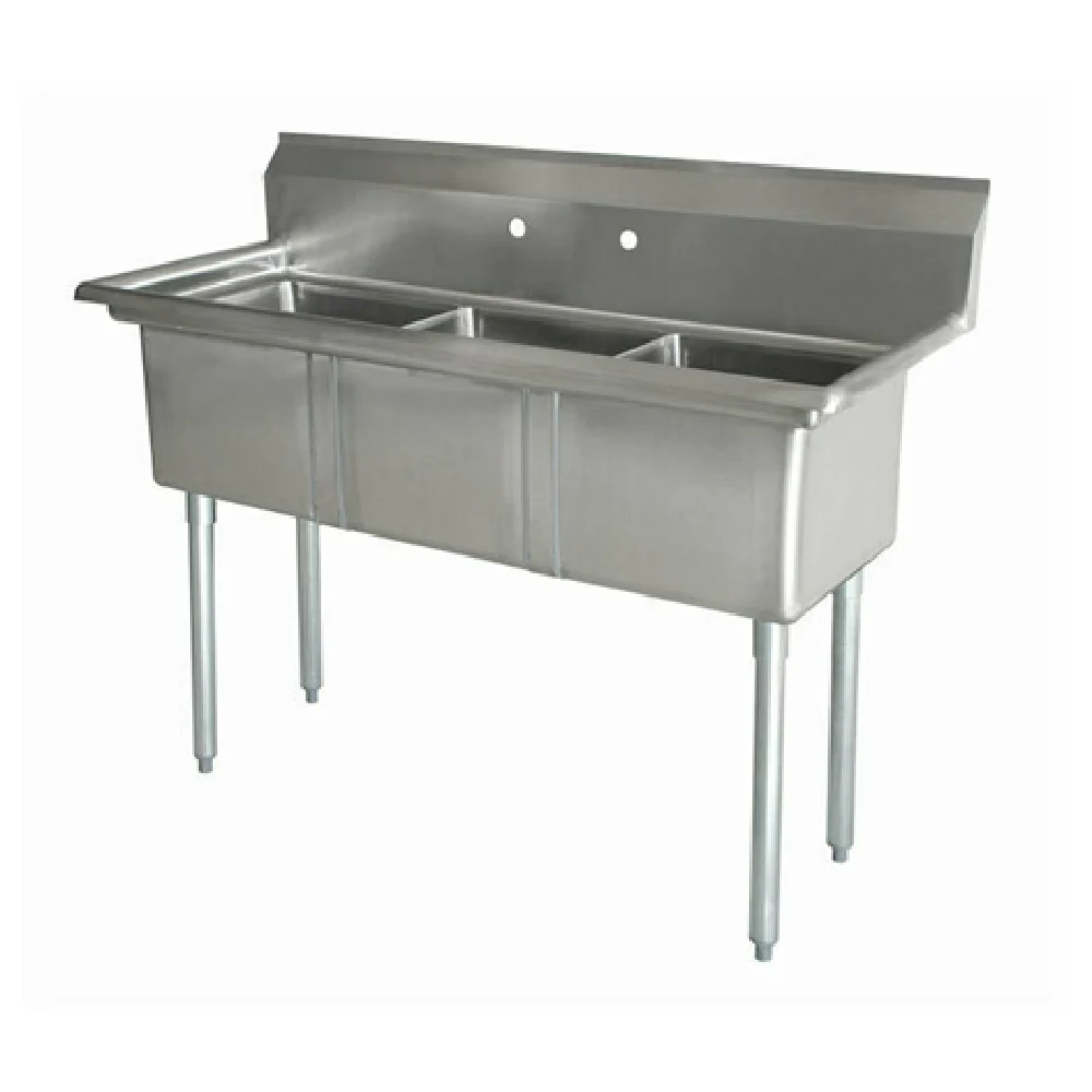 Omcan 43765 59 Inch Pot Sink 18 Gauge Three Compartment Stainless Steel with Center Faucet