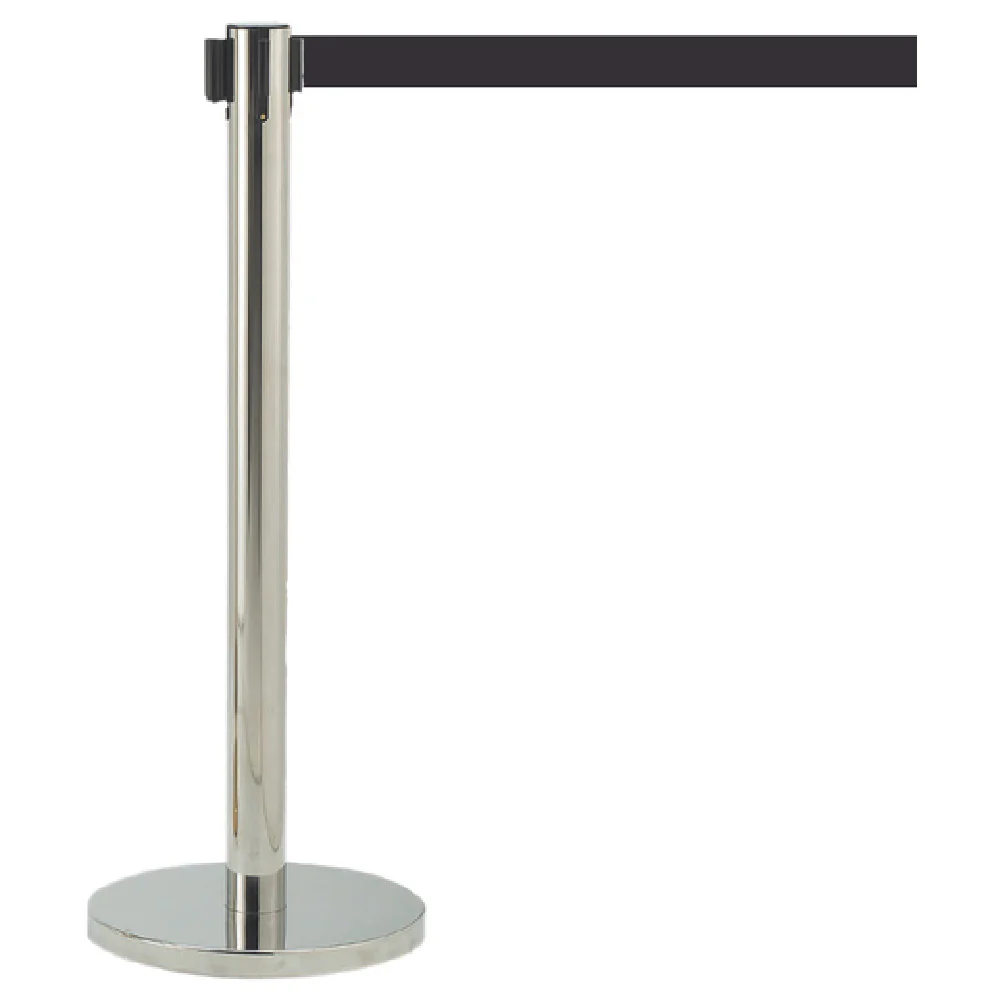 Aarco HCGT-7BK 14 Inch Diameter Portable Base Retractable Belt Stanchion Chrome Finish Black Belt with Rubber Guards