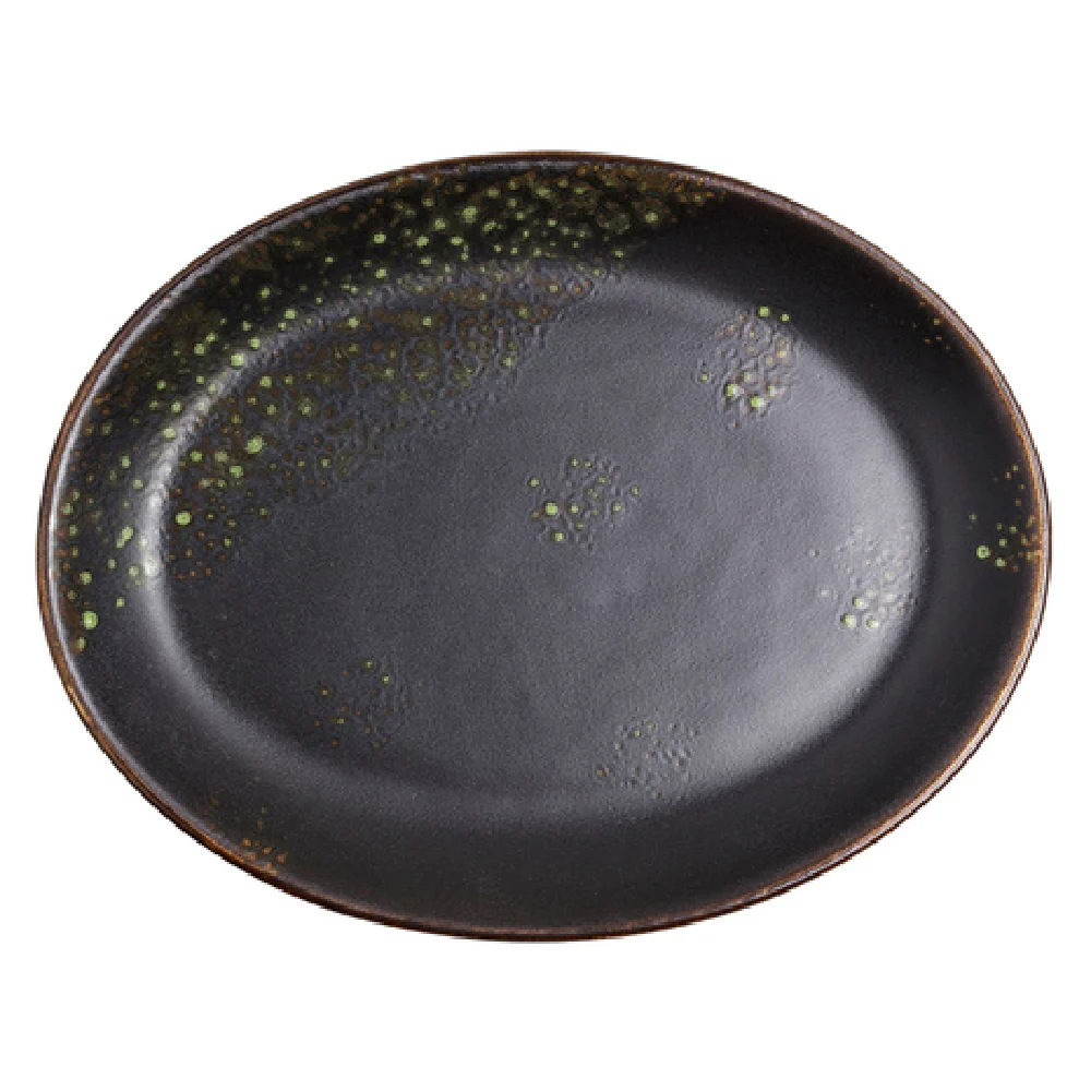Vertex China LMJ-13 11 Inch Oval Platter Coupe Hand Painted Ceramic Matte Black Jade Reactive Glaze Vertex China LMJ-13 11 Inch Oval Platter Coupe Hand Painted Ceramic Matte Black Jade Reactive Glaze