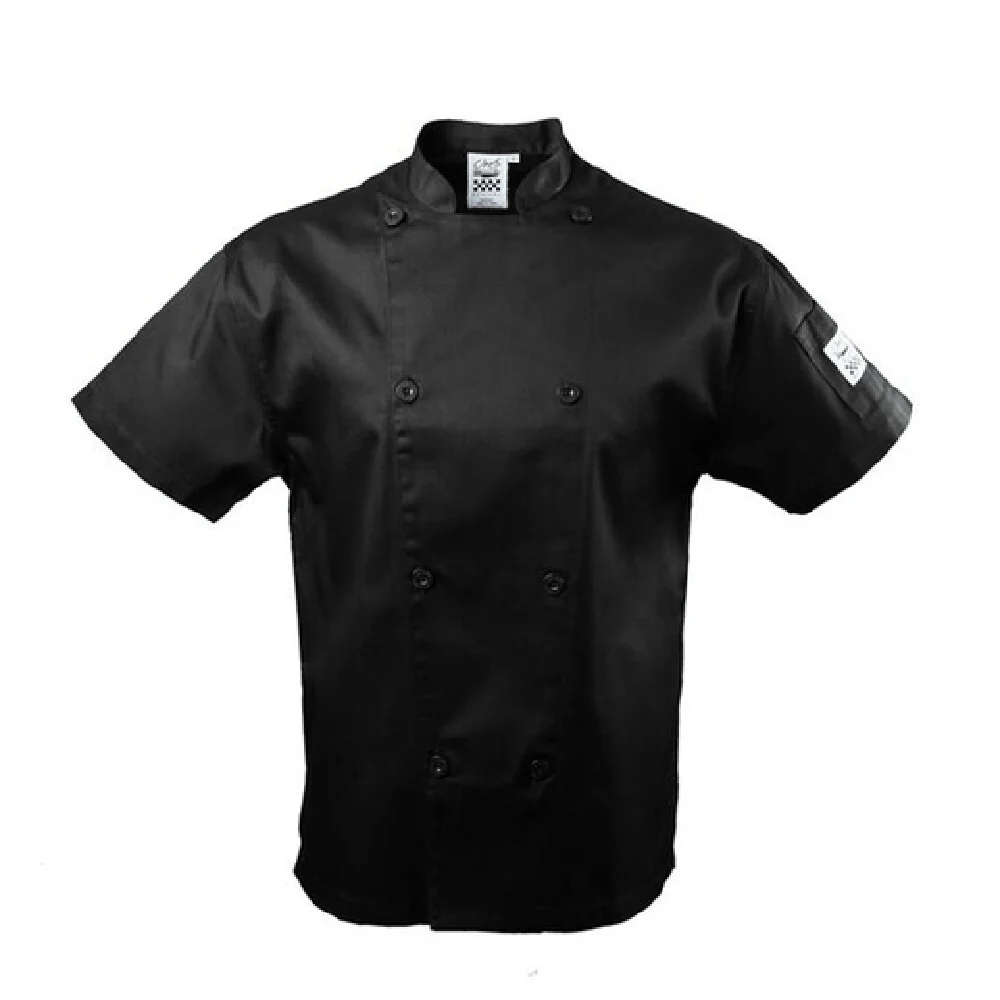 John Ritzenthaler Company J005BK-2X 15 Inch Chef's Jacket Black Poly Cotton Short Sleeve with Pen Pocket