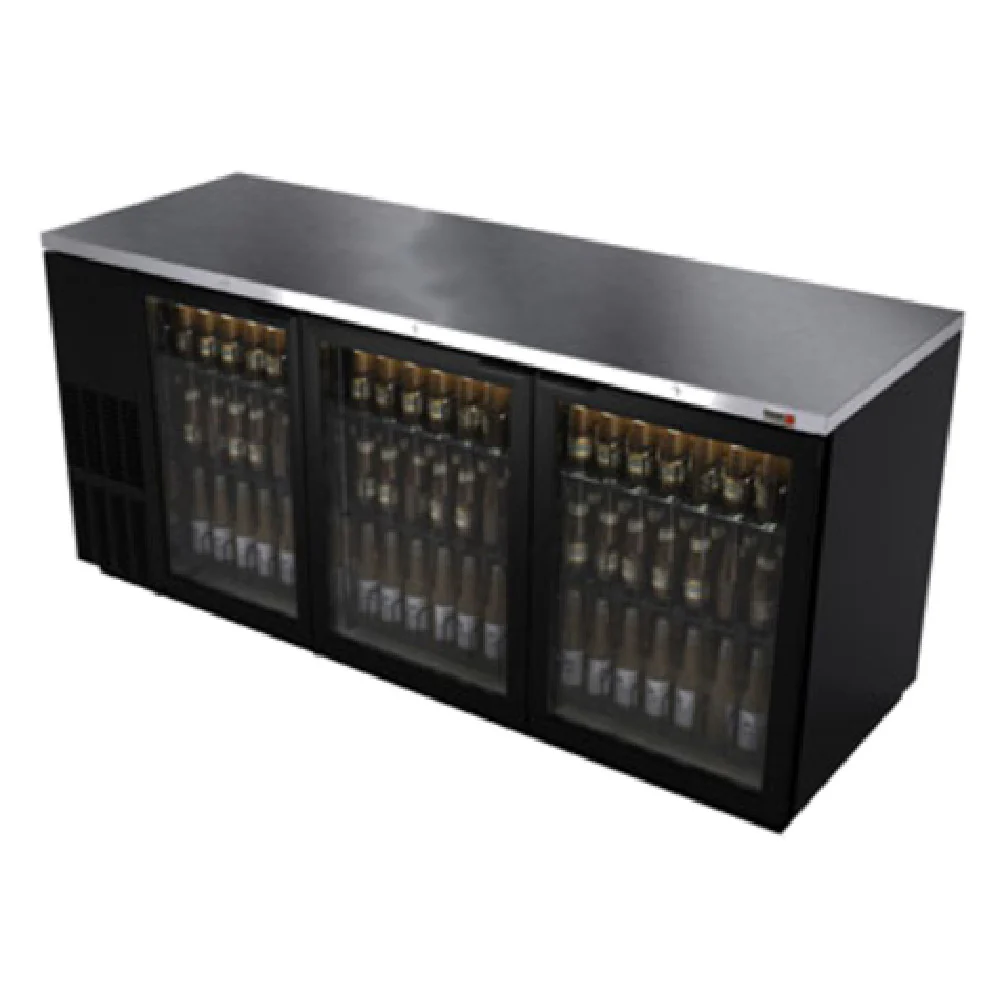 Fagor Refrigeration FBB-79G-N 80 Inch Refrigerated Back Bar Cooler 3 Sections Black Exterior Stainless Steel Top with Glass Doors Fagor Refrigeration FBB-79G-N 80 Inch Refrigerated Back Bar Cooler 3 Sections Black Exterior Stainless Steel Top with Glass Doors