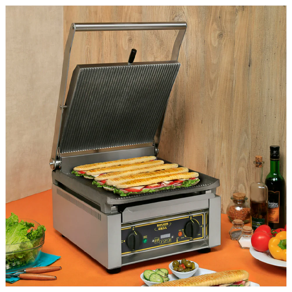 Equipex PANINI XL_STB 14 Inch Roller Grill Electric Panini Grill Cast Iron and Stainless Steel