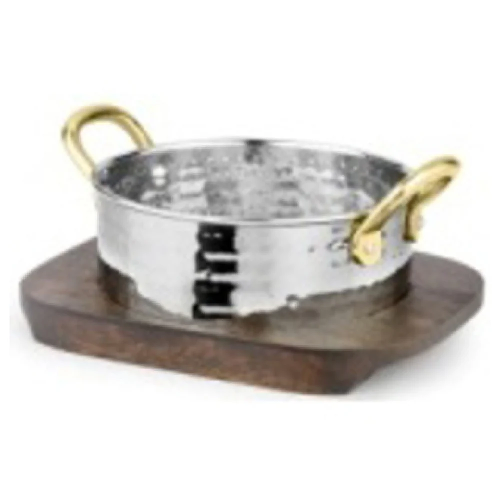 Tableware Solutions USA TWS-CASHAM14 20 Oz Casserole with Wooden Underliner Stainless Steel Hammered Vintage Finish