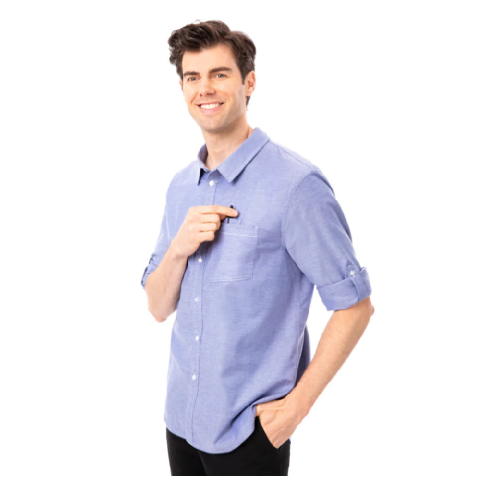 Chef Works SES01-BLU-S 22 Inch Modern Oxford Cook's Shirt Blue Stretch Fabric
