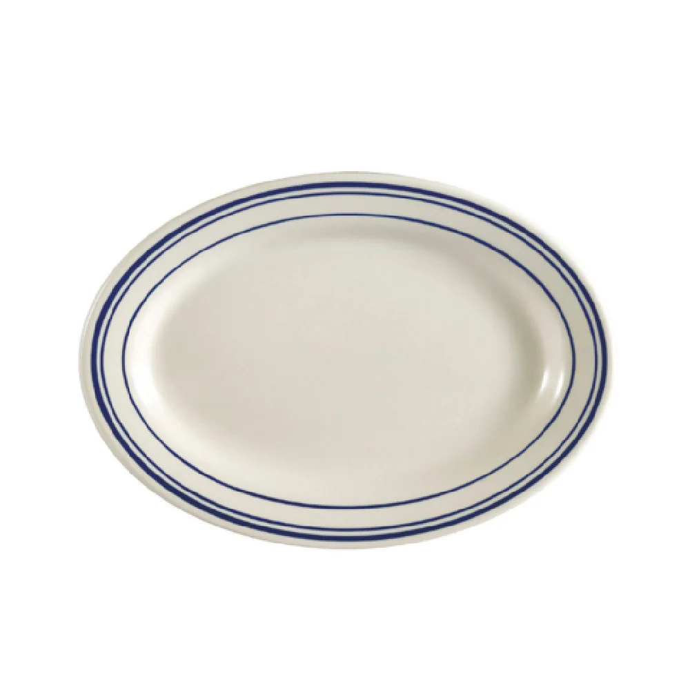 CAC China BLU-14 12-1/2 Inch Wide Rolled Edge Blue Line Platter Ceramic