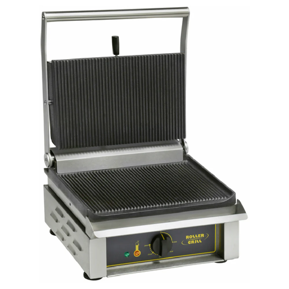 Equipex PANINI/1_STB 14 Inch Cast Iron Grooved Panini Grill with Drip Tray and Scraper