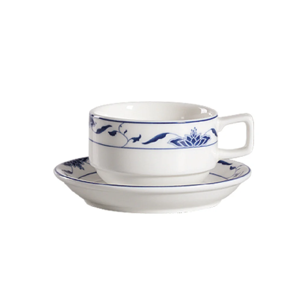 CAC China 103-1-S 8 Oz Blue Lotus Cup Porcelain Round Stackable
