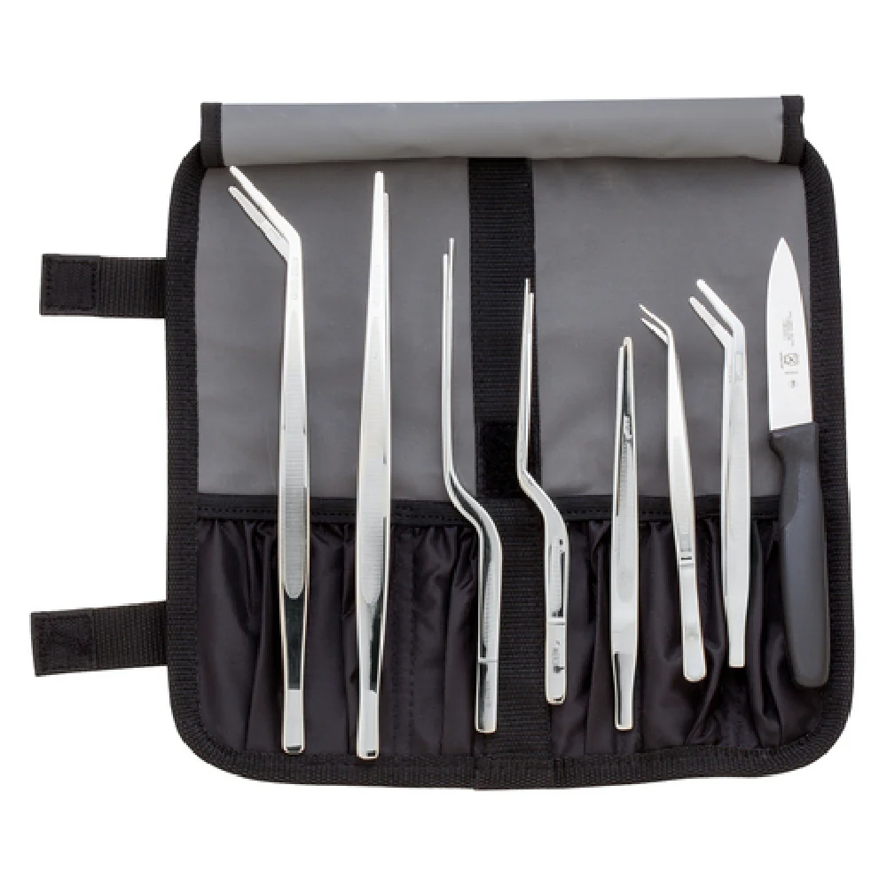 Mercer Culinary M35152 10-piece Plating Tool Set Stainless Steel with fine point curved tongs