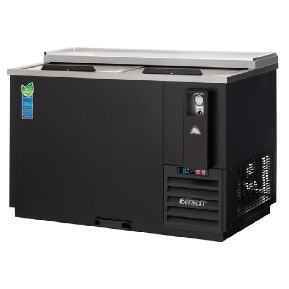 Everest Refrigeration EBC50 49-1/2 Inch Horizontal Bottle Cooler electric with stainless steel countertop black laminated exterior Everest Refrigeration EBC50 49-1/2 Inch Horizontal Bottle Cooler electric with stainless steel countertop black laminated exterior
