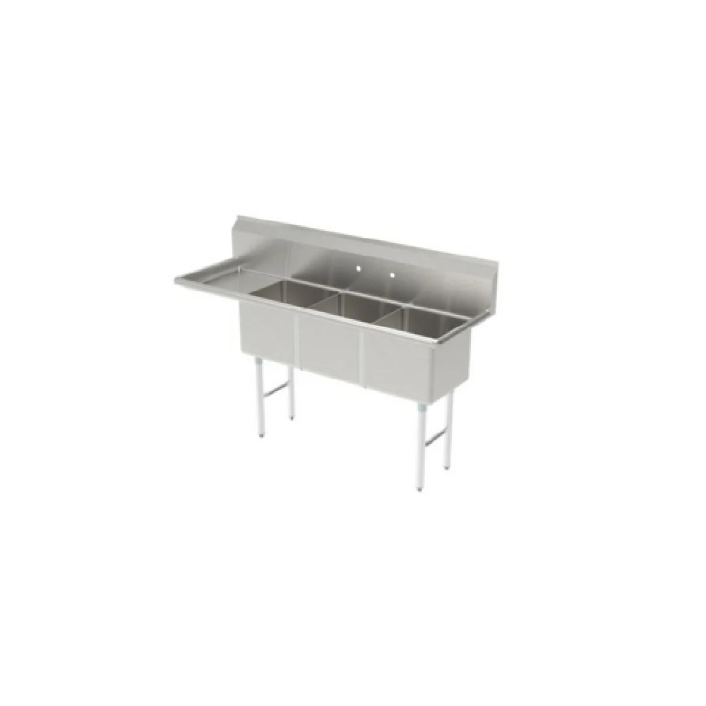 GSW USA SH18243L 75-3/8 Inch Three Compartment Sink 16 Gauge Stainless Steel with Drainboard