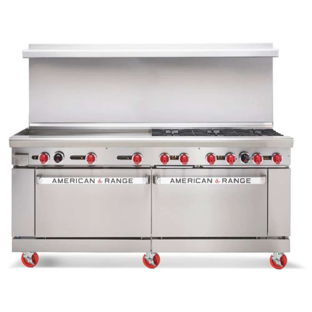 American Range AR-48G-4B-CC_NAT 72 Inch Gas Restaurant Range with 48 Inch Griddle 4 Burner 32000 BTU Convection Ovens