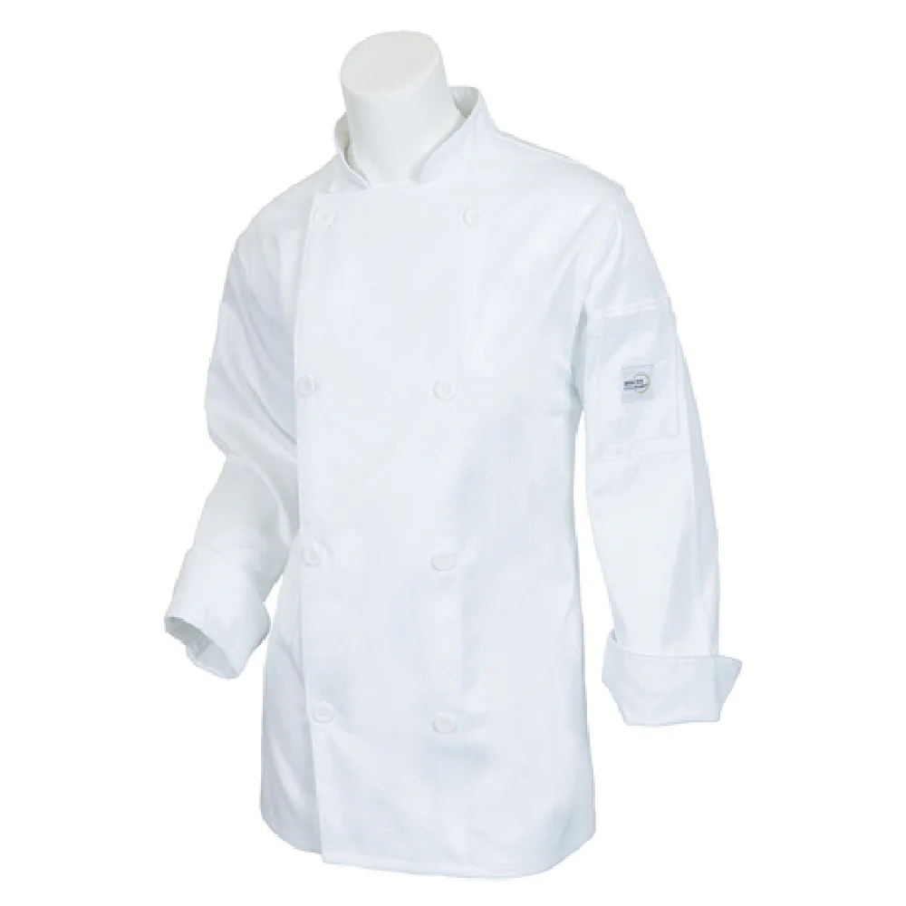 Mercer Culinary M61030WHXS XSmall Women's Chef Jacket with Utility Shoulder Pocket White Poly Cotton