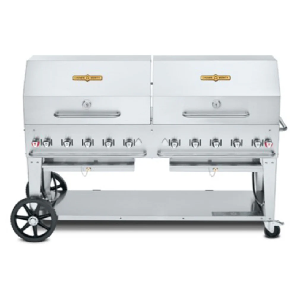 Crown Verity CV-MCB-72-SI50/100-RDP 81 Inch Mobile Outdoor Charbroiler Gas 10 Burners Stainless Steel with Water Pan and Roll Domes