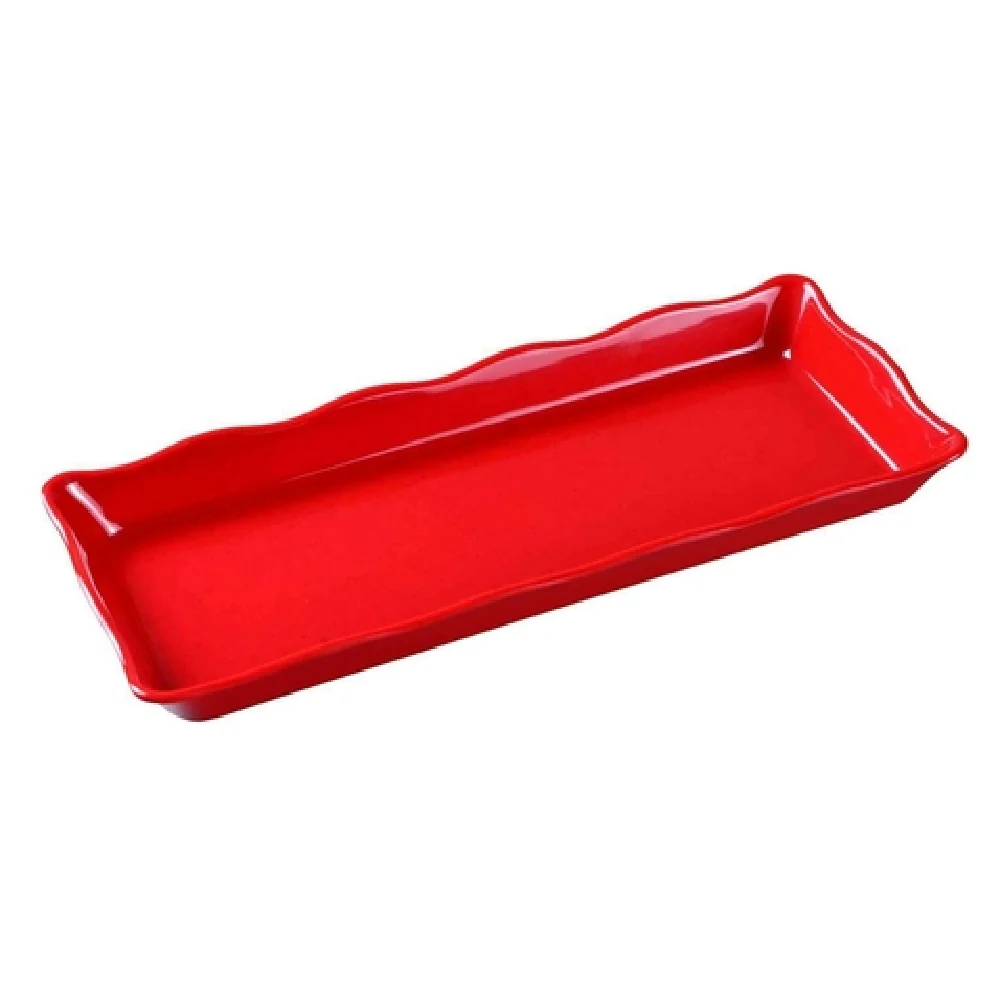 Yanco DC-6014R 14 Inch Rectangular Serving Tray Melamine Red with Scalloped Edge