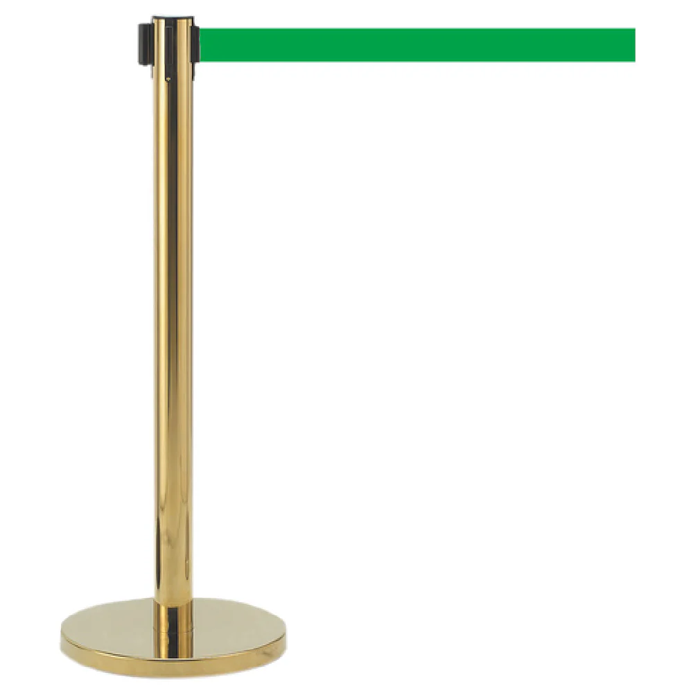 Aarco HBGT-10GR 14 Inch Portable Stanchion with 10 Ft Green Belt Brass Finish Aarco HBGT-10GR 14 Inch Portable Stanchion with 10 Ft Green Belt Brass Finish