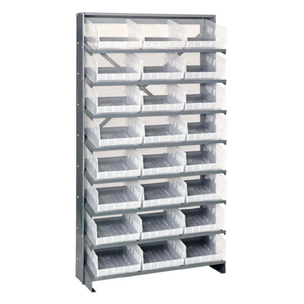 Quantum QPRS-210CL 36 Inch Slopped Single-sided Merchandising Rack with 8 Shelves and 24 Bins