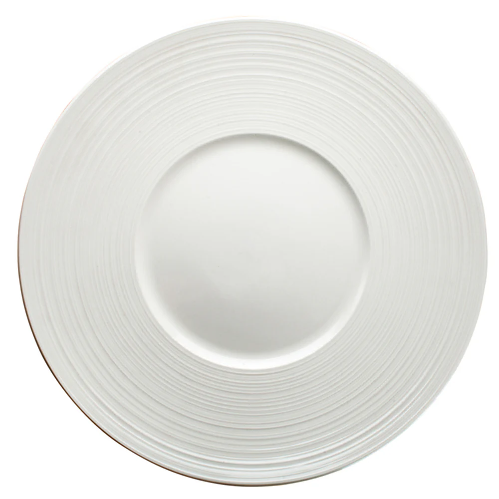 Winco WDP022-110 12-1/8 Inch Diameter Round Plate with Embossed Wide Rim Porcelain
